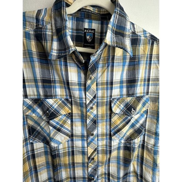 Kuhl Mens Suncel Blue Yellow Plaid SS Button Down Outdoor Shirt Sz XL Hiking - Picture 2 of 5